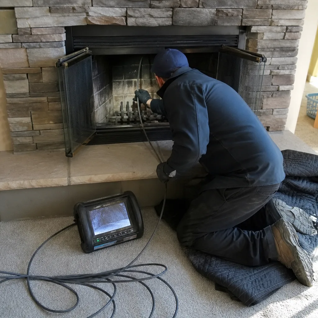 Technician using a fireplace inspection camera to clean a stone chimney